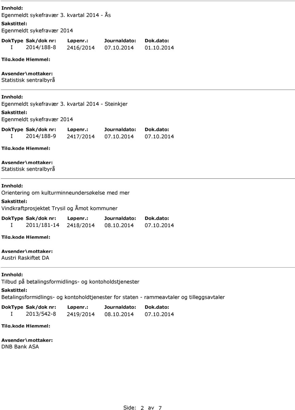 kvartal 2014 - Steinkjer Egenmeldt sykefravær 2014 2014/188-9 2417/2014 Statistisk sentralbyrå Orientering om kulturminneundersøkelse med mer
