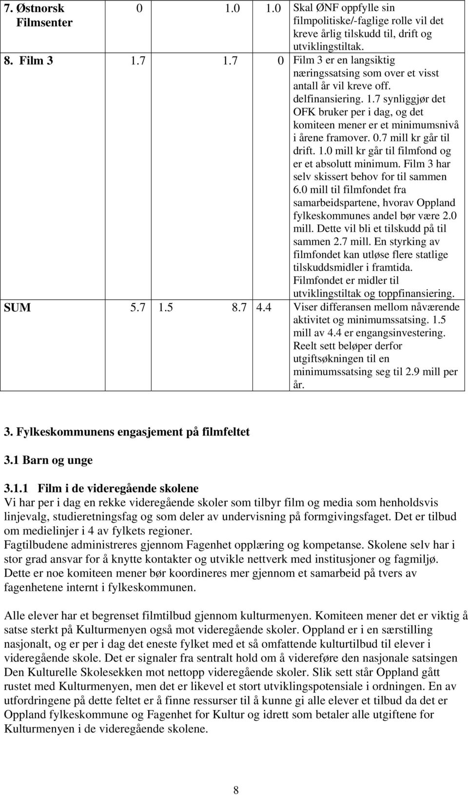 7 synliggjør det OFK bruker per i dag, og det komiteen mener er et minimumsnivå i årene framover. 0.7 mill kr går til drift. 1.0 mill kr går til filmfond og er et absolutt minimum.