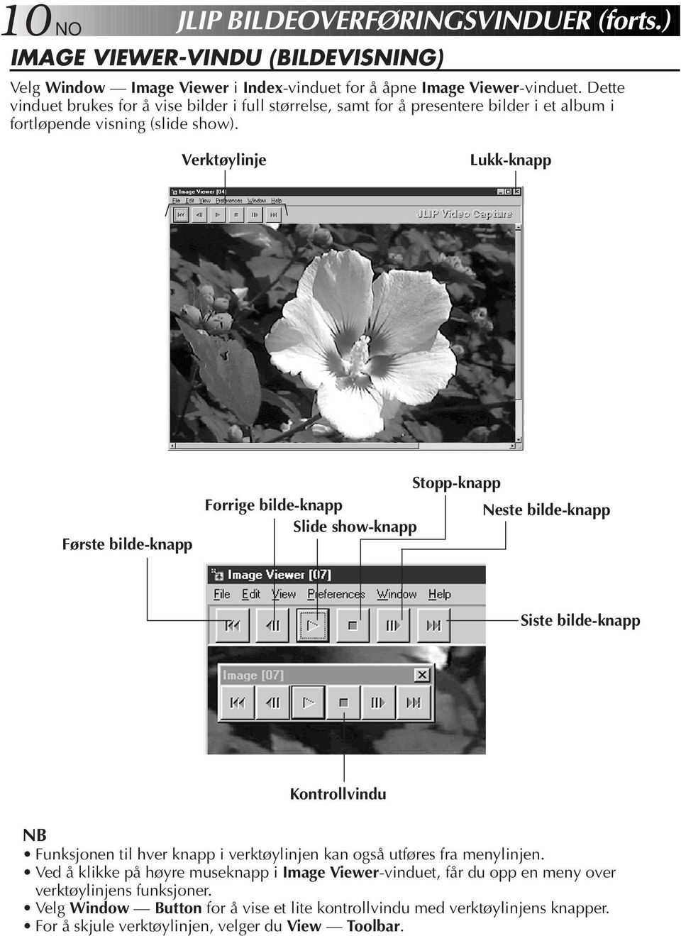 Verktøylinje Lukk-knapp Første bilde-knapp Stopp-knapp Forrige bilde-knapp Neste bilde-knapp Slide show-knapp Siste bilde-knapp Kontrollvindu NB Funksjonen til hver knapp i