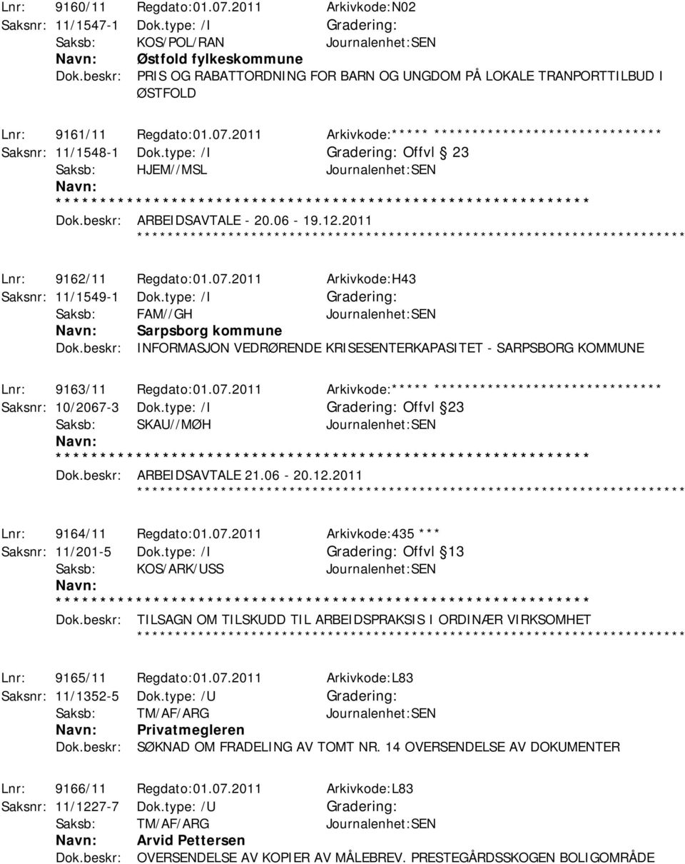 type: /I Offvl 23 Saksb: HJEM//MSL Journalenhet:SEN Dok.beskr: ARBEIDSAVTALE - 20.06-19.12.2011 Lnr: 9162/11 Regdato:01.07.2011 Arkivkode:H43 Saksnr: 11/1549-1 Dok.