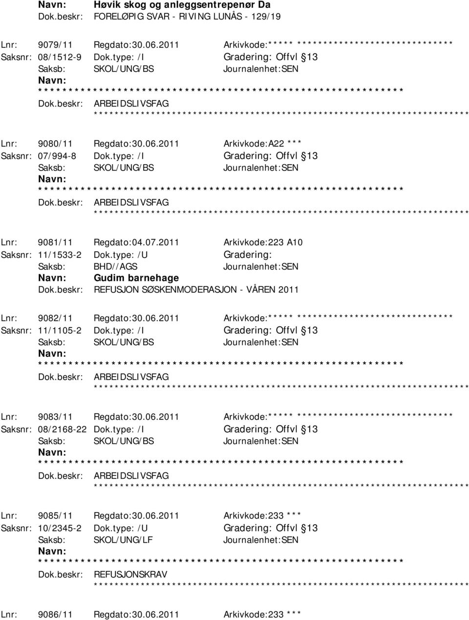 type: /I Offvl 13 Saksb: SKOL/UNG/BS Journalenhet:SEN Dok.beskr: ARBEIDSLIVSFAG Lnr: 9081/11 Regdato:04.07.2011 Arkivkode:223 A10 Saksnr: 11/1533-2 Dok.type: /U Gudim barnehage Dok.