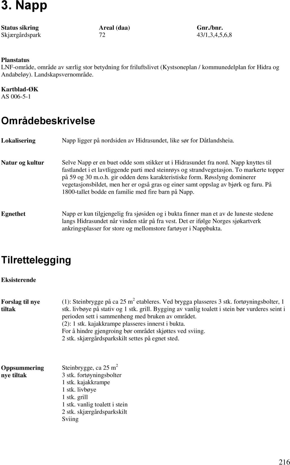 Kartblad-ØK AS 006-5-1 Områdebeskrivelse Lokalisering Napp ligger på nordsiden av Hidrasundet, like sør for Dåtlandsheia.