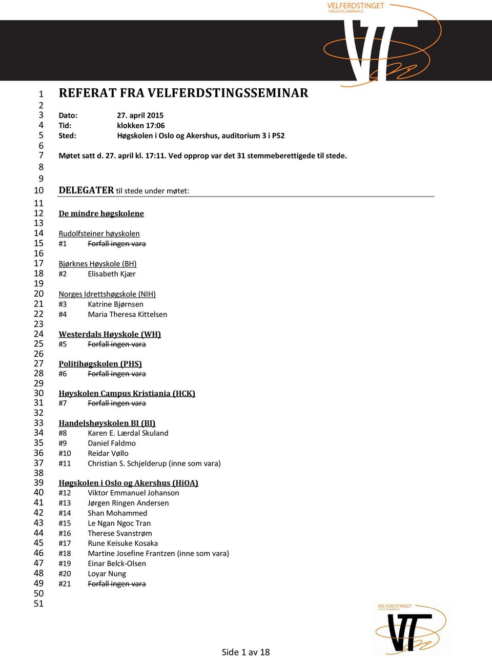 DELEGATER til stede under møtet: De mindre høgskolene Rudolfsteiner høyskolen #1 Forfall ingen vara Bjørknes Høyskole (BH) #2 Elisabeth Kjær Norges Idrettshøgskole (NIH) #3 Katrine Bjørnsen #4 Maria