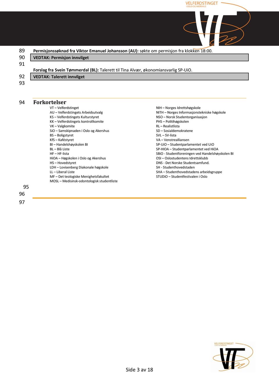 VEDTAK: Talerett innvilget 94 95 96 97 Forkortelser VT Velferdstinget AU Velferdstingets Arbeidsutvalg KS Velferdstingets Kulturstyret KK Velferdstingets kontrollkomite VK Valgkomite SiO Samskipnaden