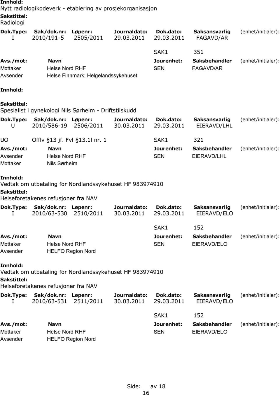 Fvl 13.1l nr. 1 SAK1 321 Avsender Helse Nord RHF SEN EIERAVD/LHL Nils Sørheim Vedtak om utbetaling for Nordlandssykehuset HF 983974910 Helseforetakenes refusjoner fra NAV I 2010/63-530 2510/2011 30.