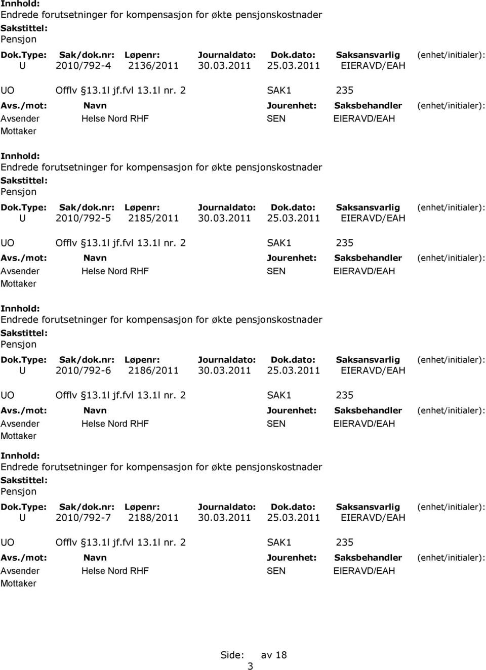 1l jf.fvl 13.1l nr. 2 SAK1 235 Avsender Helse Nord RHF SEN EIERAVD/EAH Endrede forutsetninger for kompensasjon for økte pensjonskostnader Pensjon U 2010/792-6 2186/2011 30.03.