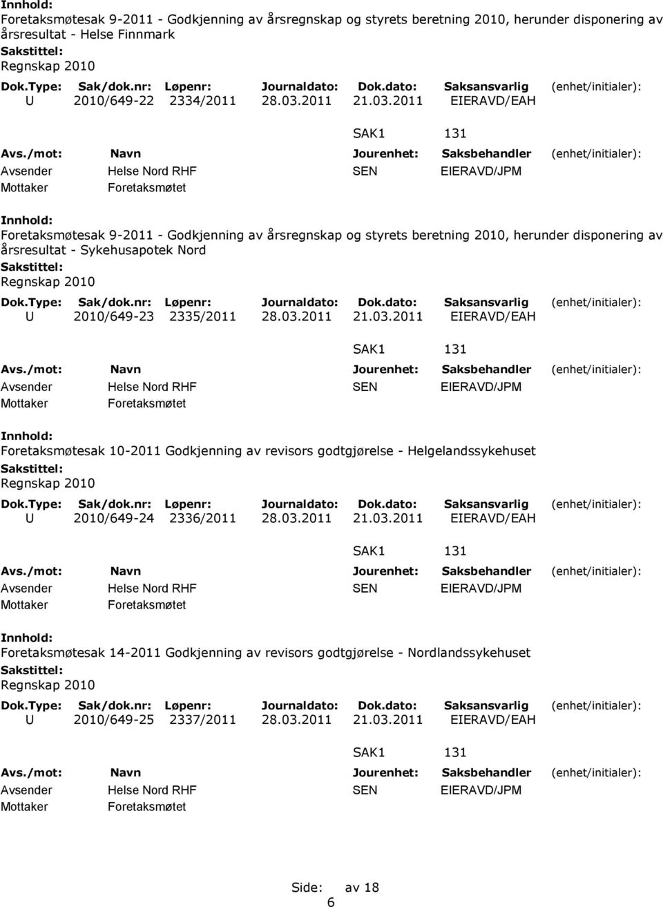 2011 EIERAVD/EAH Foretaksmøtet Foretaksmøtesak 9-2011 - Godkjenning av årsregnskap og styrets beretning 2010, herunder disponering av årsresultat - Sykehusapotek Nord U 2010/649-23