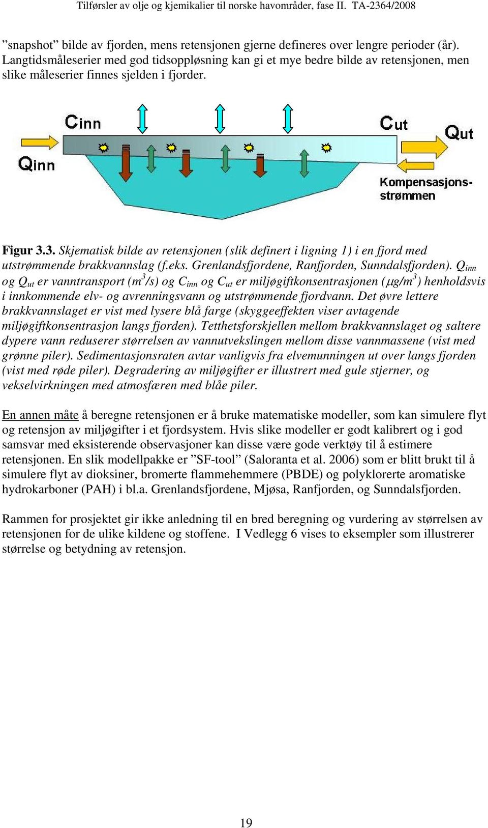 3. Skjematisk bilde av retensjonen (slik definert i ligning 1) i en fjord med utstrømmende brakkvannslag (f.eks. Grenlandsfjordene, Ranfjorden, Sunndalsfjorden).