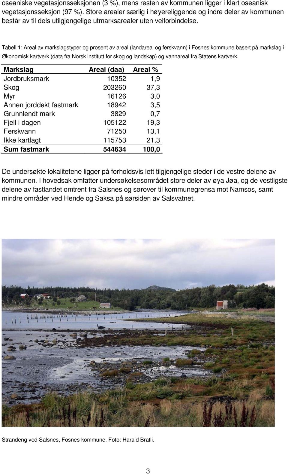 Tabell 1: Areal av markslagstyper og prosent av areal (landareal og ferskvann) i Fosnes kommune basert på markslag i Økonomisk kartverk (data fra Norsk institutt for skog og landskap) og vannareal