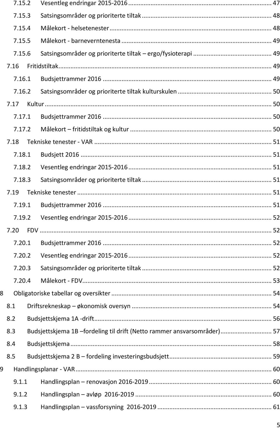 .. 50 7.18 Tekniske tenester - VAR... 51 7.18.1 Budsjett 2016... 51 7.18.2 Vesentleg endringar 2015-2016... 51 7.18.3 Satsingsområder og prioriterte tiltak... 51 7.19 Tekniske tenester... 51 7.19.1 Budsjettrammer 2016.