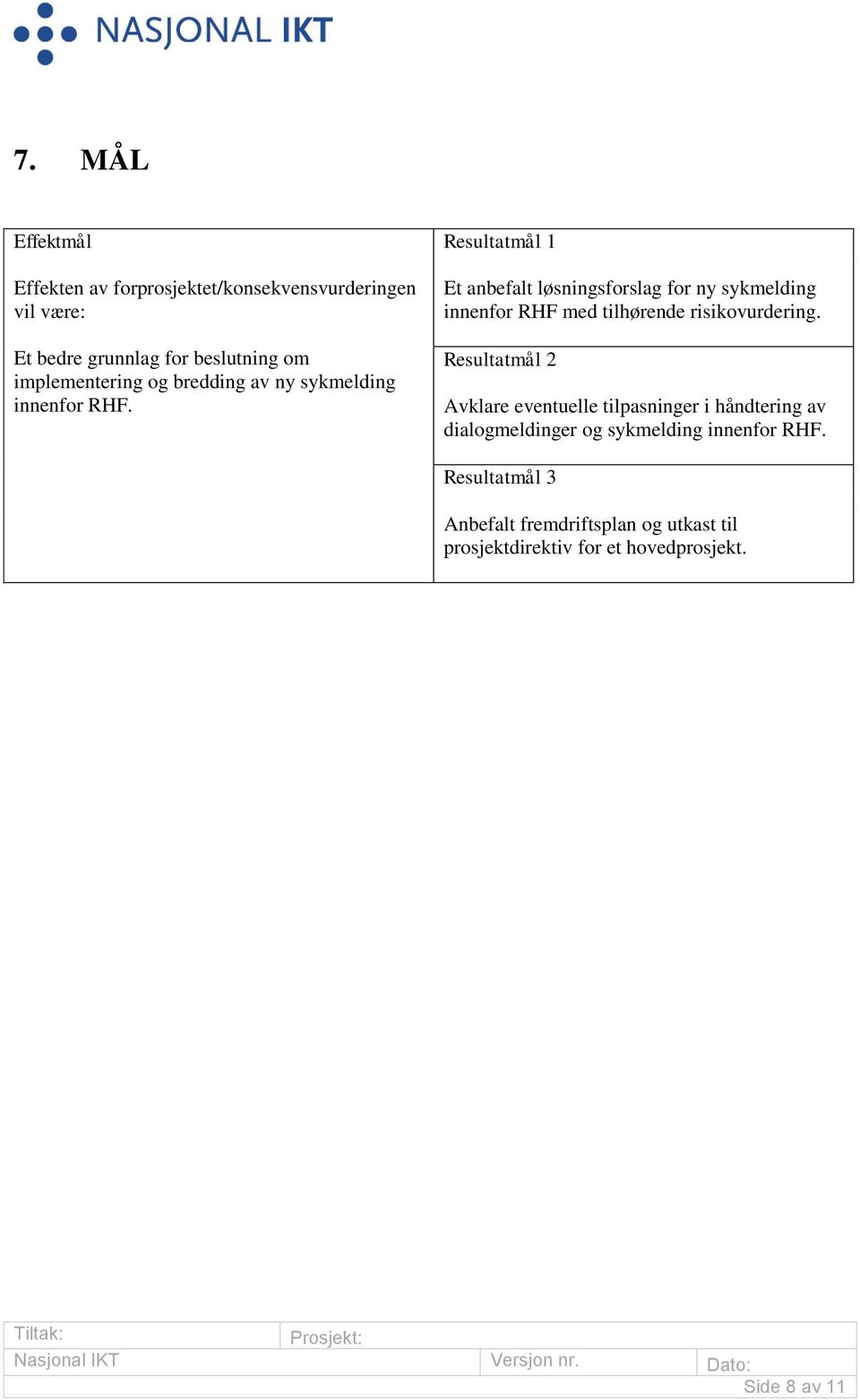 Resultatmål 1 Et anbefalt løsningsforslag for ny sykmelding innenfor RHF med tilhørende risikovurdering.