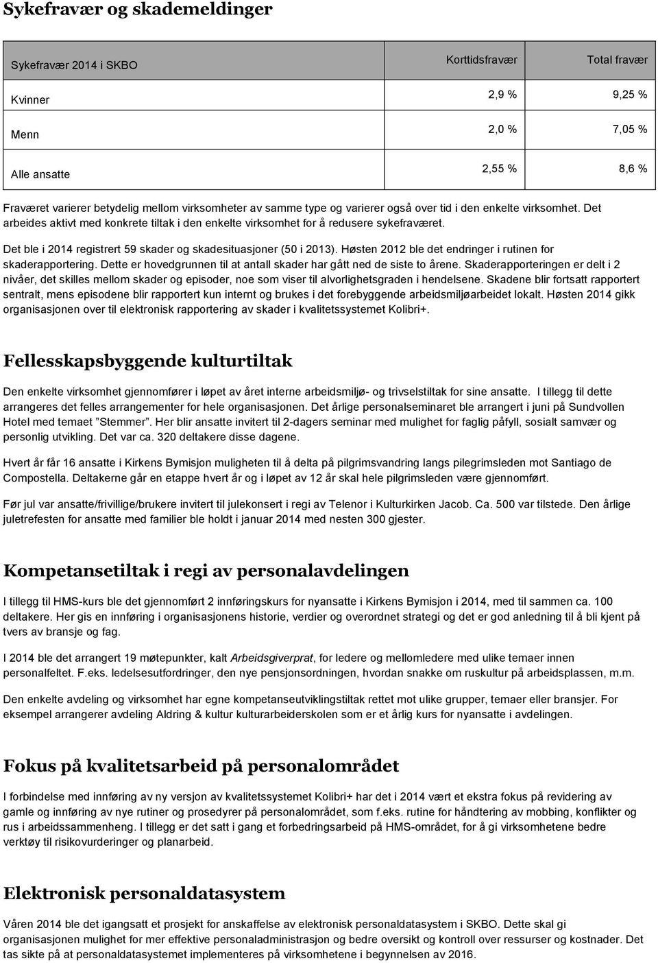 Det ble i 2014 registrert 59 skader og skadesituasjoner (50 i 2013). Høsten 2012 ble det endringer i rutinen for skaderapportering.