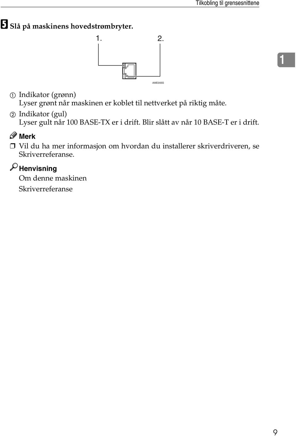 B Indikator (gul) Lyser gult når 100 BASE-TX er i drift. Blir slått av når 10 BASE-T er i drift.