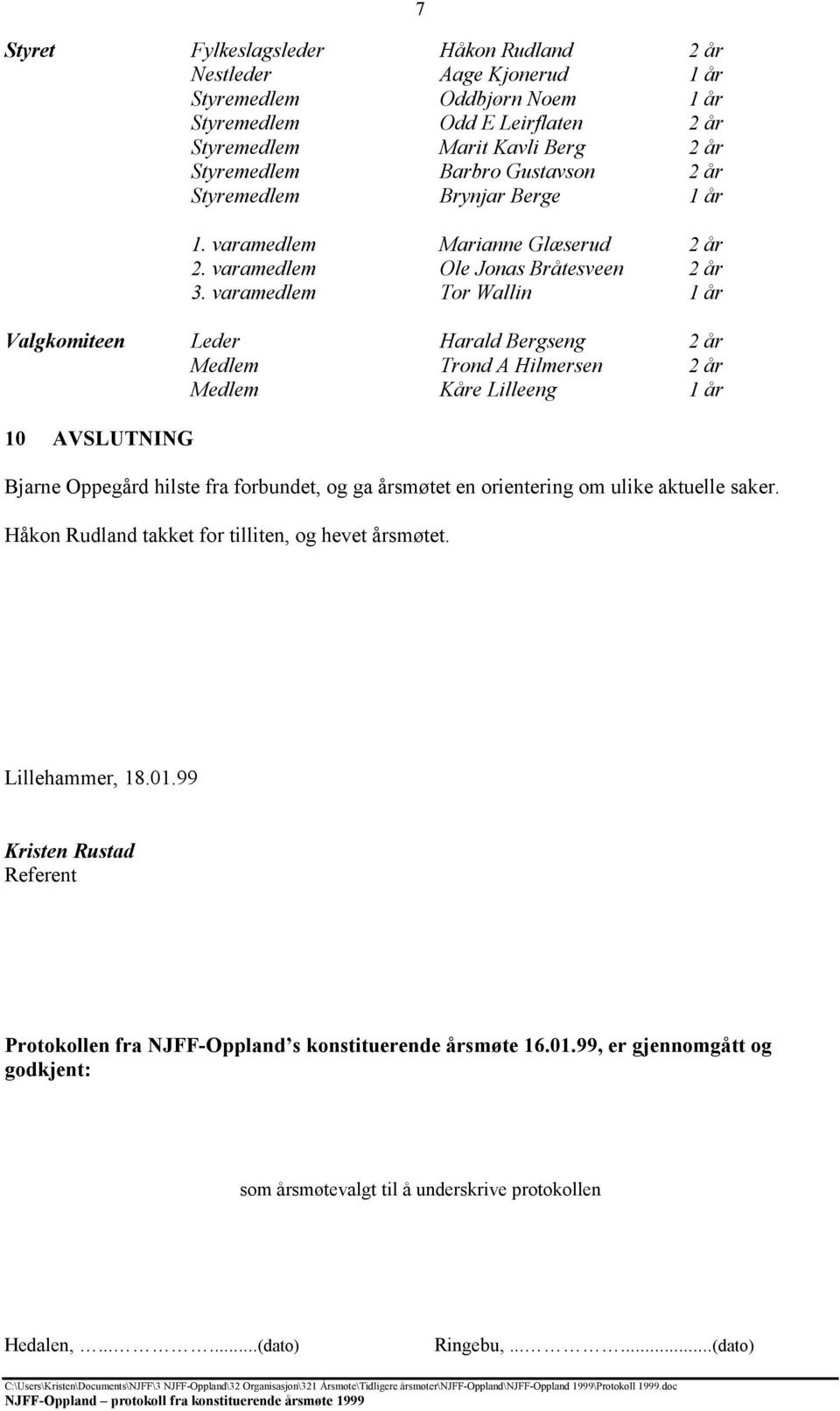 varamedlem Tor Wallin 1 år Valgkomiteen Leder Harald Bergseng 2 år Medlem Trond A Hilmersen 2 år Medlem Kåre Lilleeng 1 år 10 AVSLUTNING Bjarne Oppegård hilste fra forbundet, og ga årsmøtet en