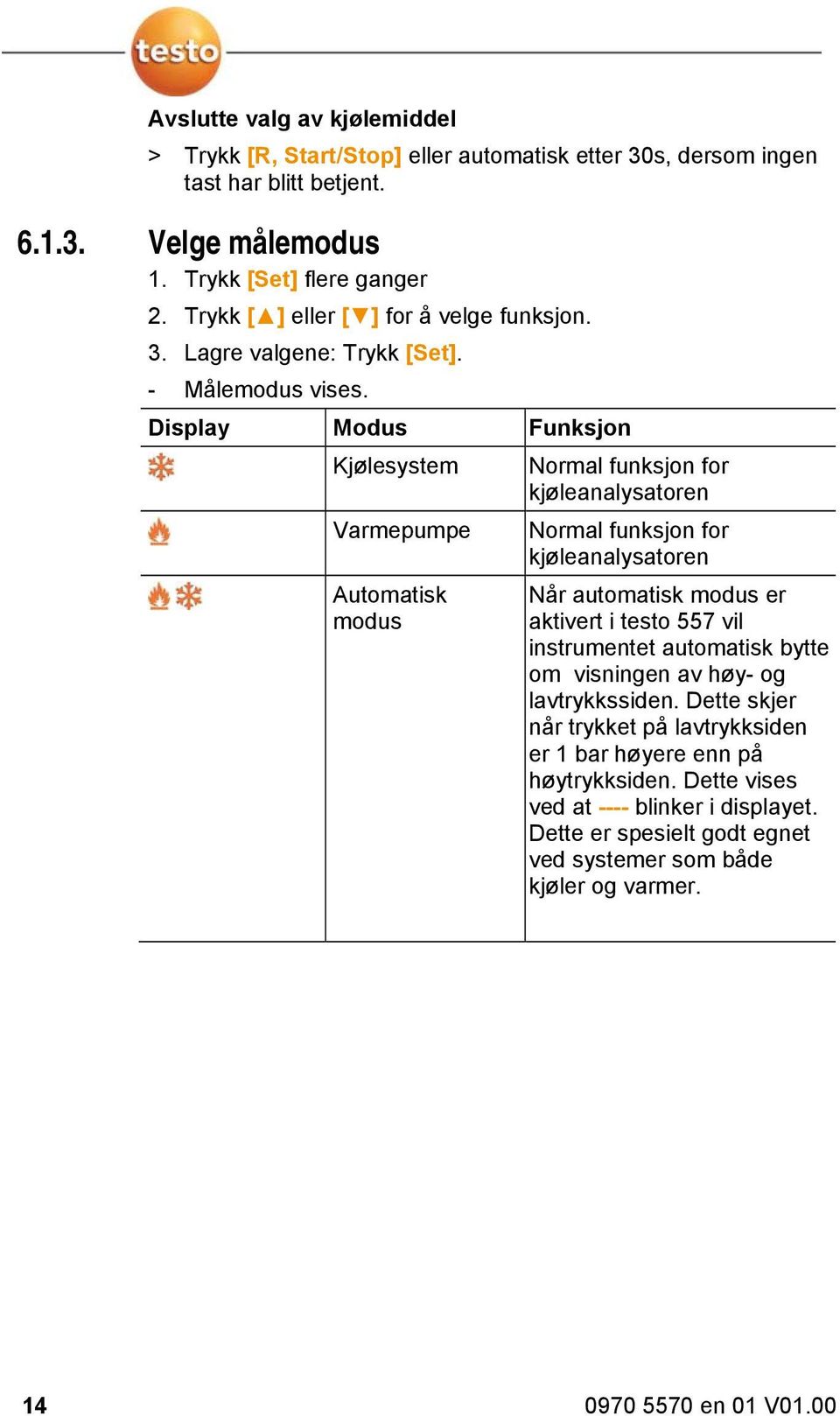 Display Modus Funksjon Kjølesystem Varmepumpe Automatisk modus Normal funksjon for kjøleanalysatoren Normal funksjon for kjøleanalysatoren Når automatisk modus er aktivert i testo 557