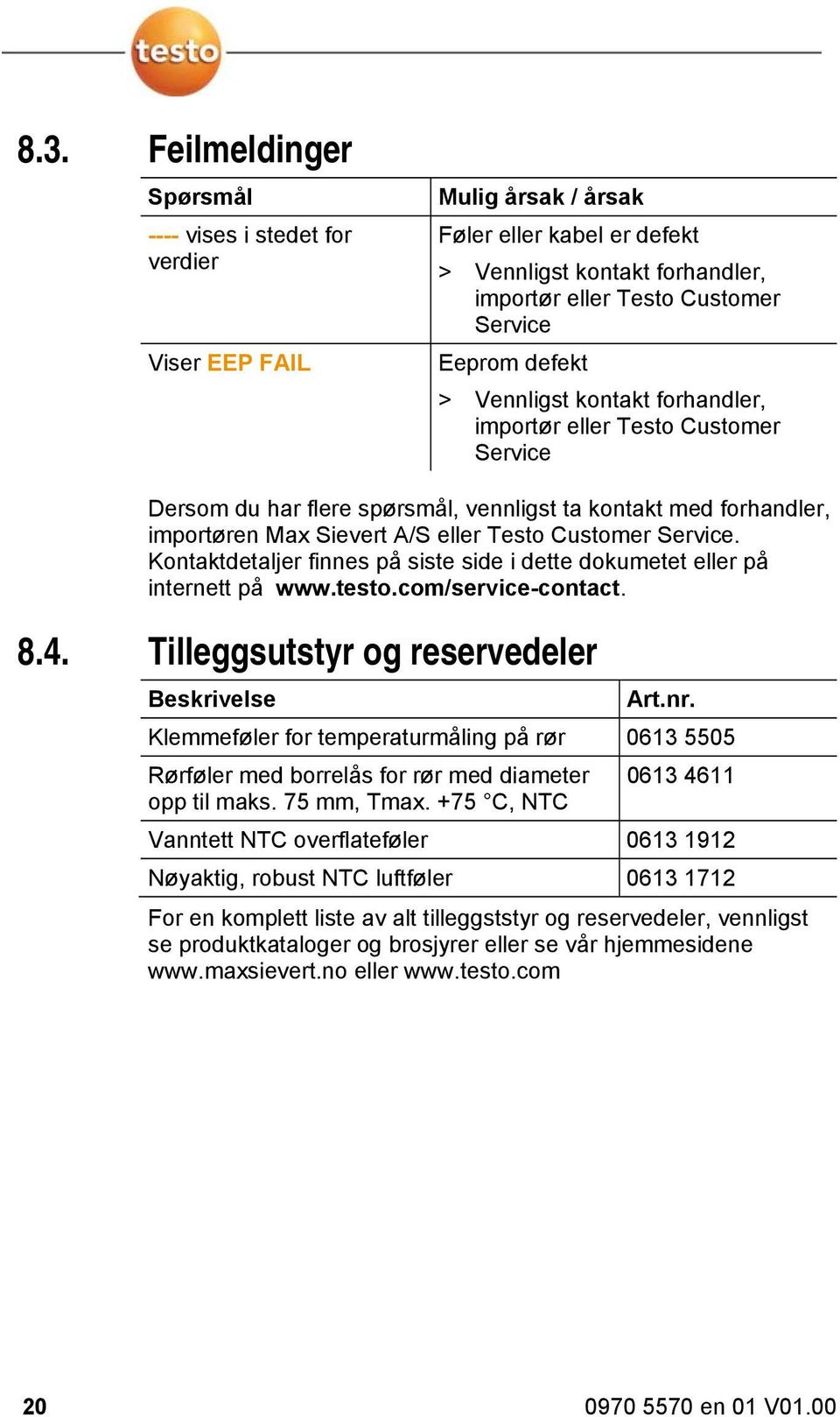 Kontaktdetaljer finnes på siste side i dette dokumetet eller på internett på www.testo.com/service-contact. 8.4. Tilleggsutstyr og reservedeler Beskrivelse Art.nr.