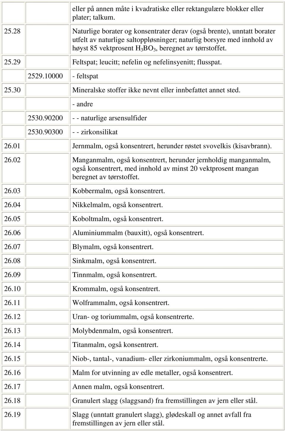 25.29 Feltspat; leucitt; nefelin og nefelinsyenitt; flusspat. 2529.10000 - feltspat 25.30 Mineralske stoffer ikke nevnt eller innbefattet annet sted. - andre 2530.