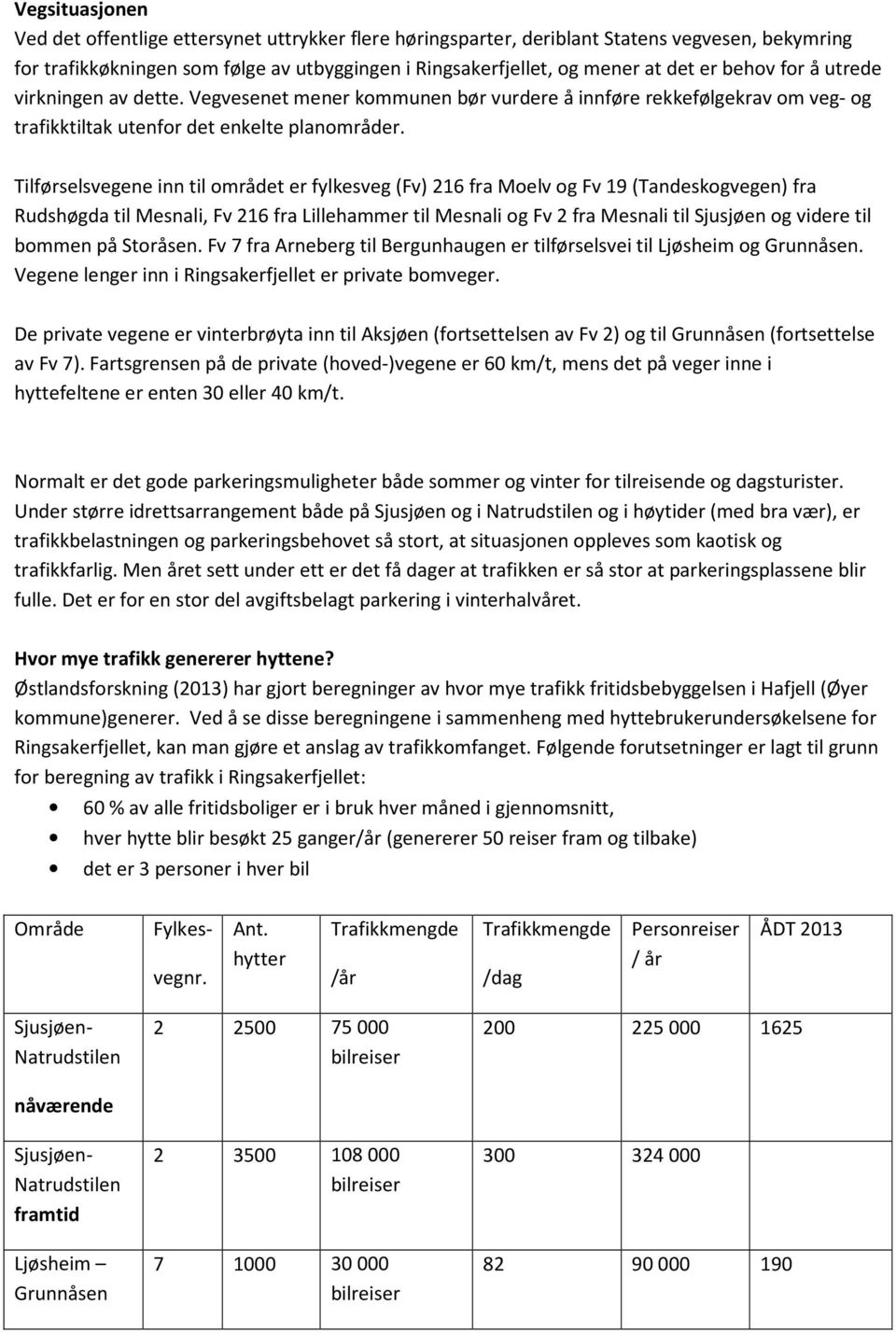 Tilførselsvegene inn til området er fylkesveg (Fv) 216 fra Moelv og Fv 19 (Tandeskogvegen) fra Rudshøgda til Mesnali, Fv 216 fra Lillehammer til Mesnali og Fv 2 fra Mesnali til Sjusjøen og videre til