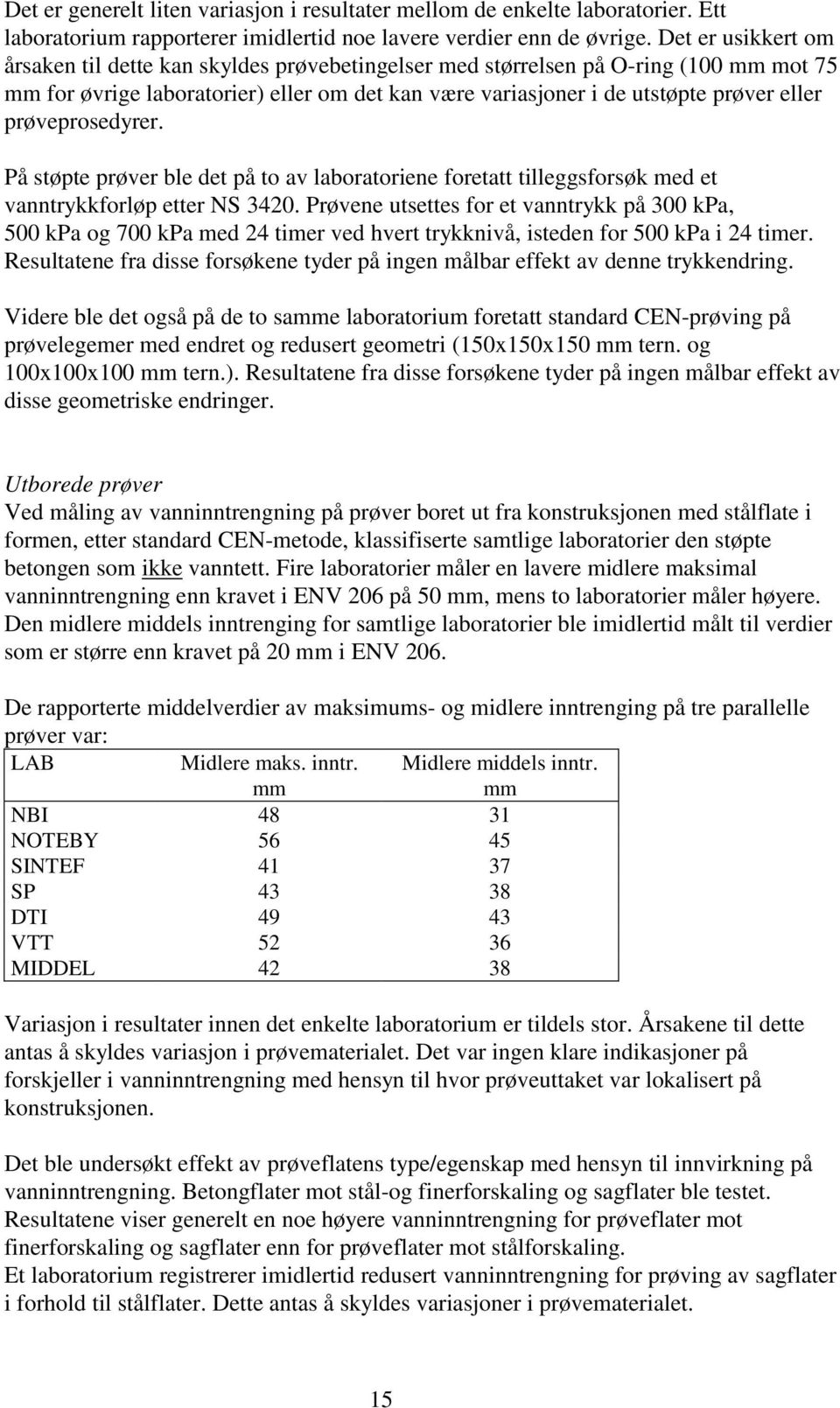 prøveprosedyrer. På støpte prøver ble det på to av laboratoriene foretatt tilleggsforsøk med et vanntrykkforløp etter NS 3420.