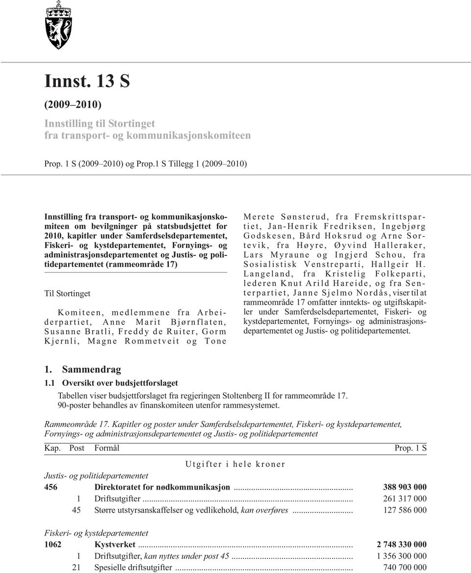 Fornyings- og administrasjonsdepartementet og Justis- og politidepartementet (rammeområde 17) Til Stortinget Komiteen, medlemmene fra Arbeiderpartiet, Anne Marit Bjørnflaten, Susanne Bratli, Freddy