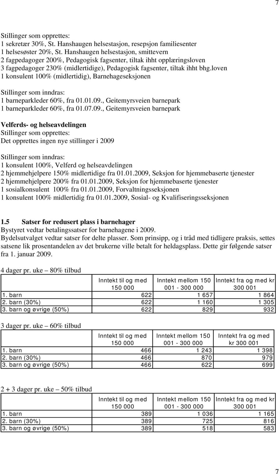 loven 1 konsulent 100% (midlertidig), Barnehageseksjonen Stillinger som inndras: 1 barneparkleder 60%, fra 01.01.09.