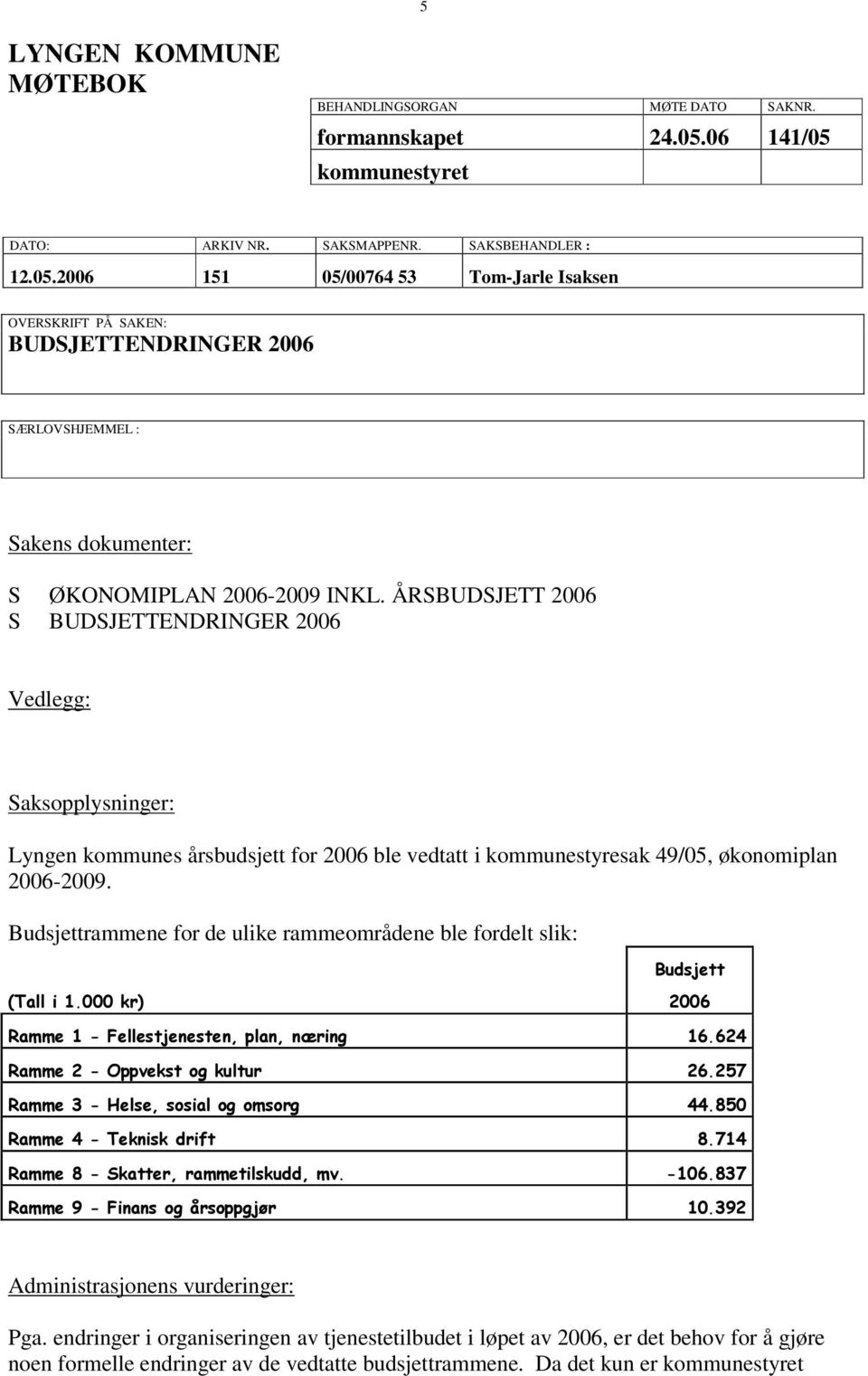 ÅRSBUDSJETT 2006 S BUDSJETTENDRINGER 2006 Vedlegg: Saksopplysninger: Lyngen kommunes årsbudsjett for 2006 ble vedtatt i kommunestyresak 49/05, økonomiplan 2006-2009.