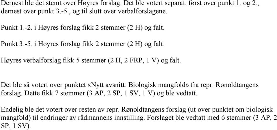 Det ble så votert over punktet «Nytt avsnitt: Biologisk mangfold» fra repr. Rønoldtangens forslag. Dette fikk 7 stemmer (3 AP, 2 SP, 1 SV, 1 V) og ble vedtatt.