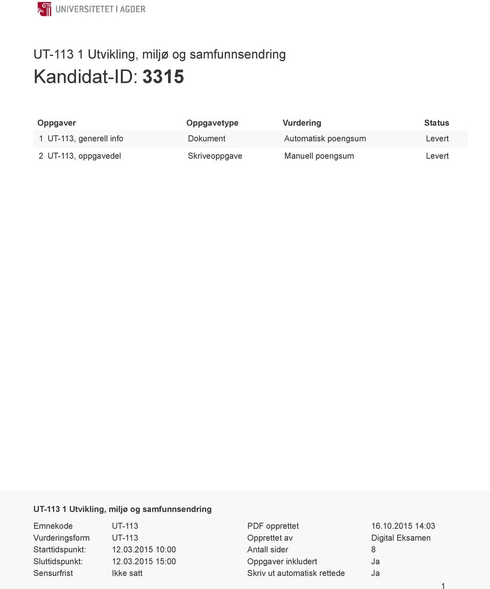 samfunnsendring Emnekode UT-113 Vurderingsform UT-113 Starttidspunkt: 12.03.2015 10:00 Sluttidspunkt: 12.03.2015 15:00 Sensurfrist Ikke satt PDF opprettet 16.