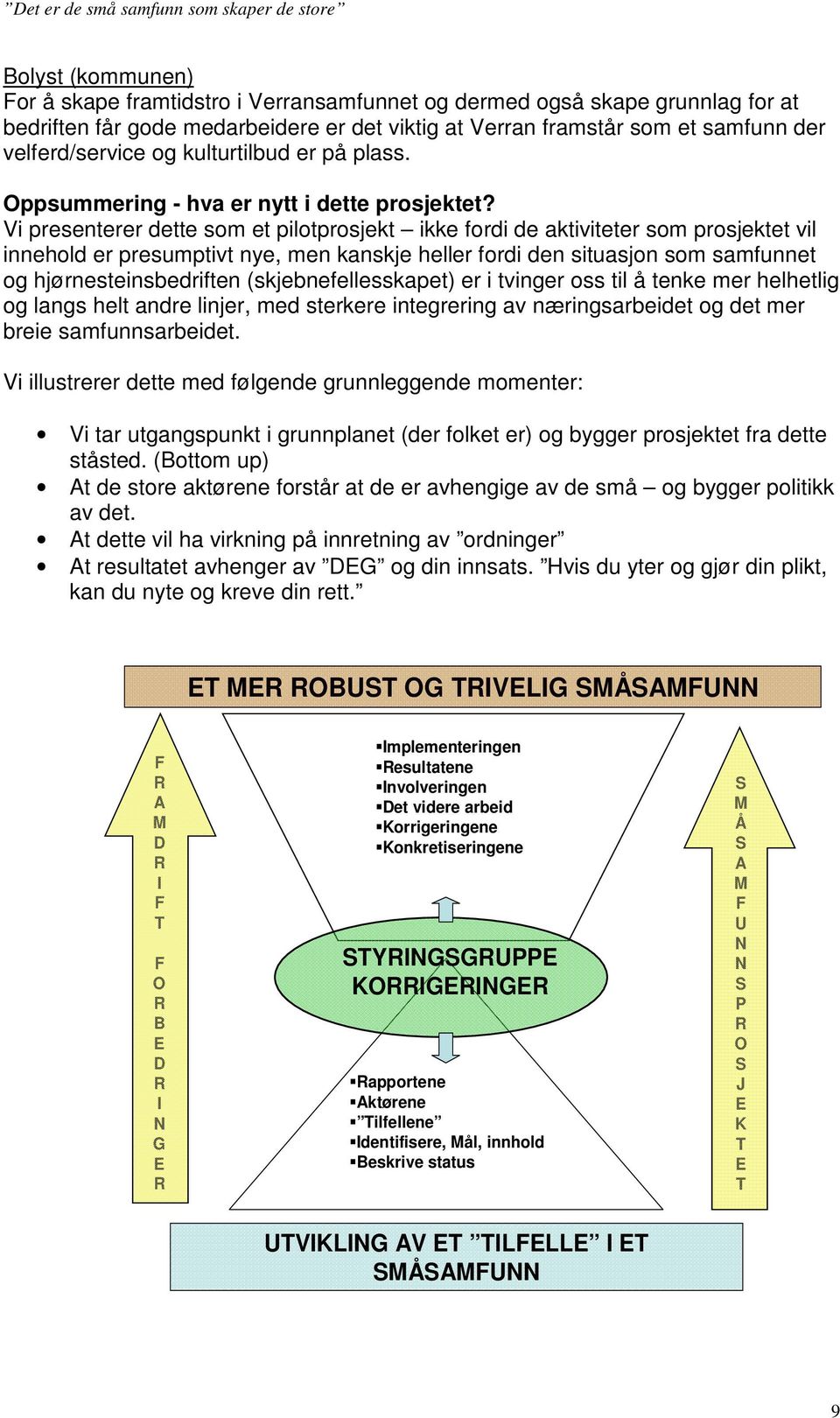 Vi presenterer dette som et pilotprosjekt ikke fordi de aktiviteter som prosjektet vil innehold er presumptivt nye, men kanskje heller fordi den situasjon som samfunnet og hjørnesteinsbedriften