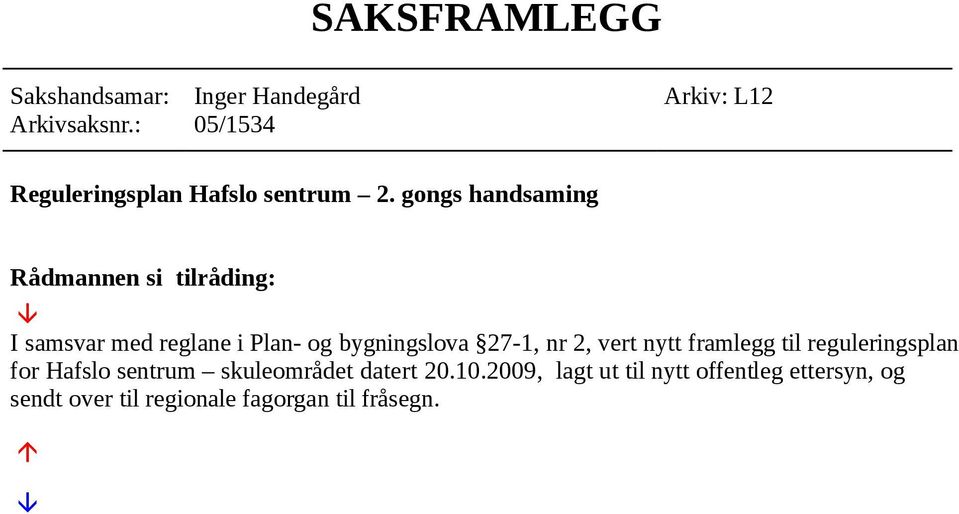 gongs handsaming Rådmannen si tilråding: I samsvar med reglane i Plan- og bygningslova 27-1, nr