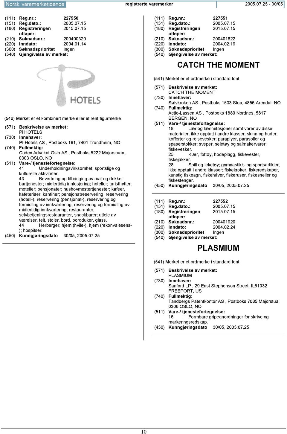 19 CATCH THE MOMENT Pi HOTELS PI-Hotels AS, Postboks 191, 7401 Trondheim, Codex Advokat Oslo AS, Postboks 5222 Majorstuen, 0303 OSLO, 41 Underholdningsvirksomhet; sportslige og kulturelle aktiviteter.