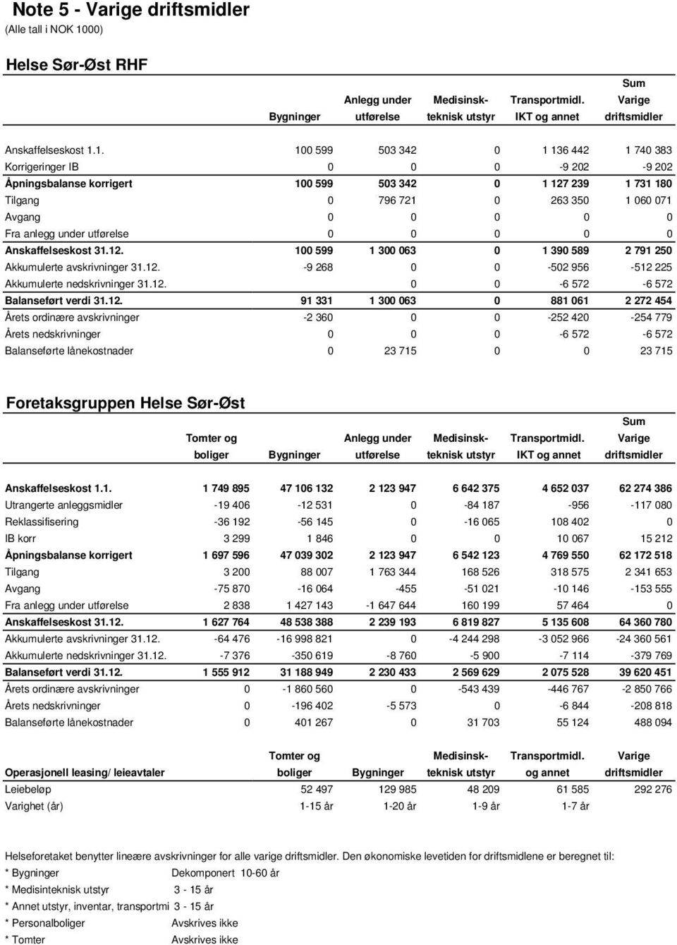 anlegg under utførelse 0 0 0 0 0 Anskaffelseskost 31.12. 100 599 1 300 063 0 1 390 589 2 791 250 Akkumulerte avskrivninger 31.12. -9 268 0 0-502 956-512 225 Akkumulerte nedskrivninger 31.12. 0 0-6 572-6 572 Balanseført verdi 31.