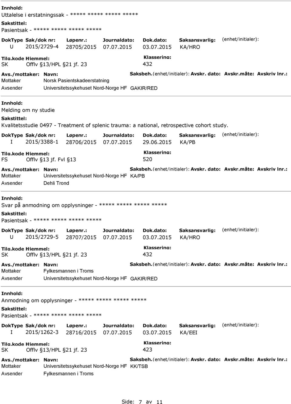 2015/3388-1 28706/2015 29.06.2015 KA/PB FS 520 Avs./mottaker: Navn: Saksbeh. Avskr. dato: Avskr.måte: Avskriv lnr.