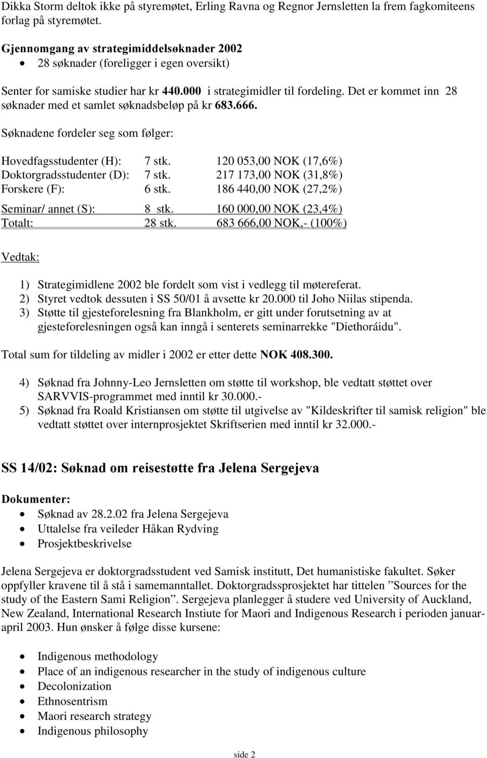 Det er kommet inn 28 søknader med et samlet søknadsbeløp på kr Søknadene fordeler seg som følger: Hovedfagsstudenter (H): 7 stk. 120 053,00 NOK (17,6%) Doktorgradsstudenter (D): 7 stk.