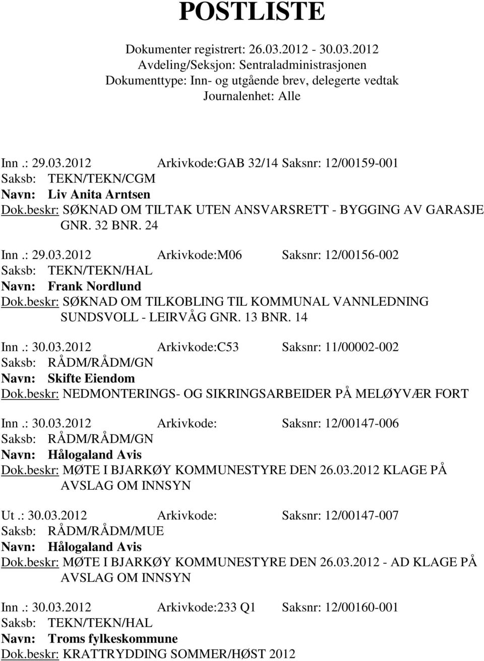 beskr: NEDMONTERINGS- OG SIKRINGSARBEIDER PÅ MELØYVÆR FORT Inn.: 30.03.2012 Arkivkode: Saksnr: 12/00147-006 Dok.beskr: MØTE I BJARKØY KOMMUNESTYRE DEN 26.03.2012 KLAGE PÅ AVSLAG OM INNSYN Ut.: 30.03.2012 Arkivkode: Saksnr: 12/00147-007 Saksb: RÅDM/RÅDM/MUE Dok.