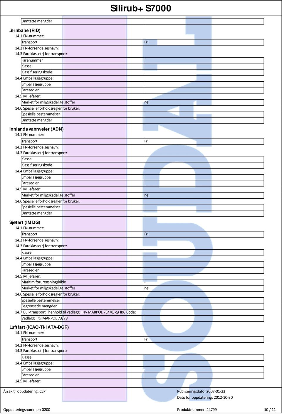 6 Spesielle forholdsregler for bruker: Spesielle bestemmelser Unntatte mengder Innlands vannveier (ADN) 14.1 FN-nummer: Transport 14.2 FN-forsendelsesnavn: 14.