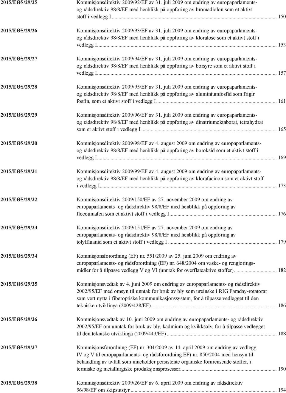 .. 150 Kommisjonsdirektiv 2009/93/EF av 31. juli 2009 om endring av europaparlamentsog rådsdirektiv 98/8/EF med henblikk på oppføring av kloralose som et aktivt stoff i vedlegg I.