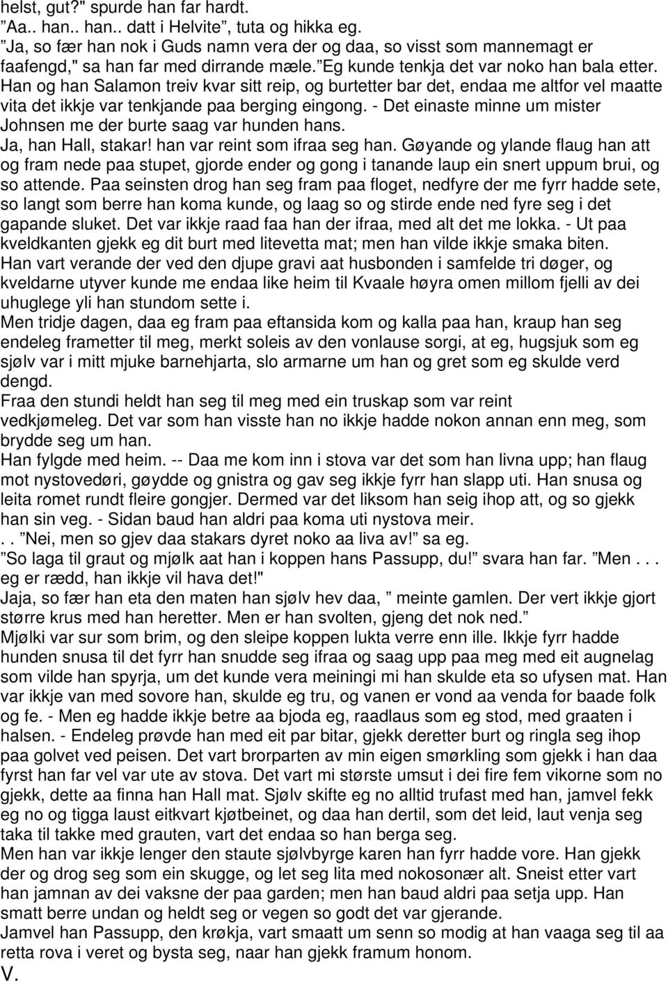 - Det einaste minne um mister Johnsen me der burte saag var hunden hans. Ja, han Hall, stakar! han var reint som ifraa seg han.