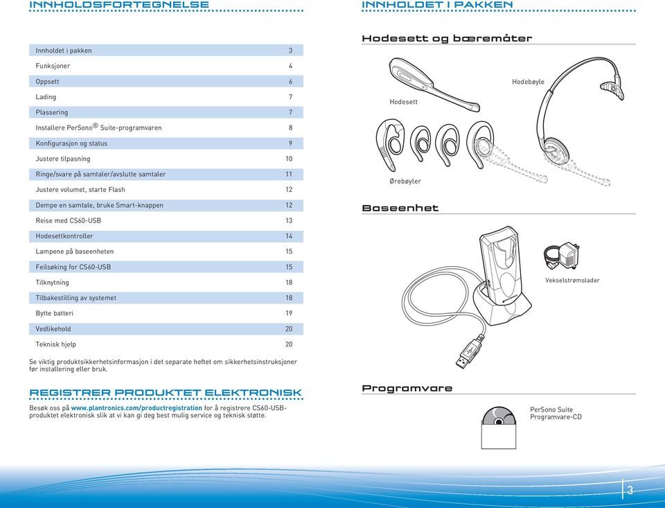 Hodesettkontroller 14 Lampene på baseenheten 15 Feilsøking for CS60-USB 15 Tilknytning 18 Vekselstrømslader Tilbakestilling av systemet 18 Bytte batteri 19 Vedlikehold 20 Teknisk hjelp 20 Se viktig