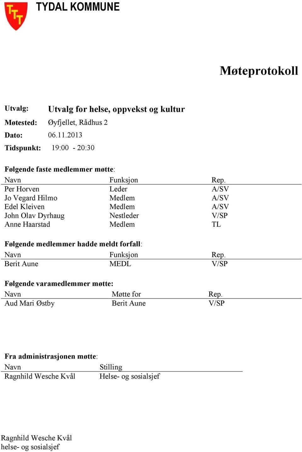 Per Horven Leder A/SV Jo Vegard Hilmo Medlem A/SV Edel Kleiven Medlem A/SV John Olav Dyrhaug Nestleder V/SP Anne Haarstad Medlem TL Følgende medlemmer