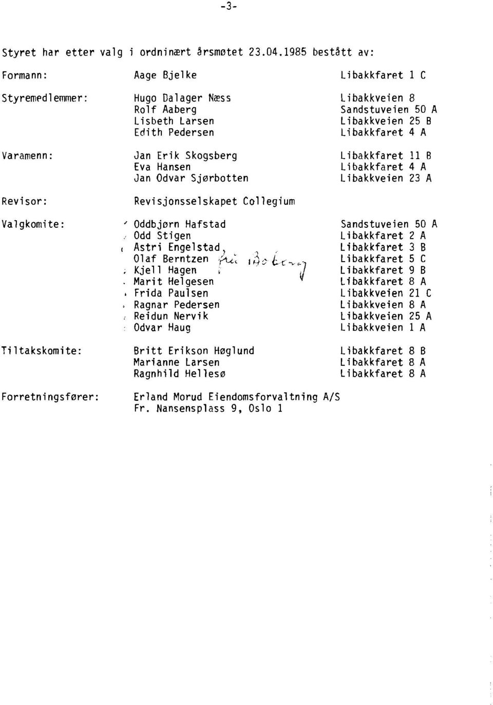 Eva Hansen Jan Odvar Sjarbotten Revisjonsselskapet Collegium ' Oddbjarn Hafstad Odd Stigen t Astri Engelstad, Olaf Berntzen, Kjell Hagen Marit Helgesen.