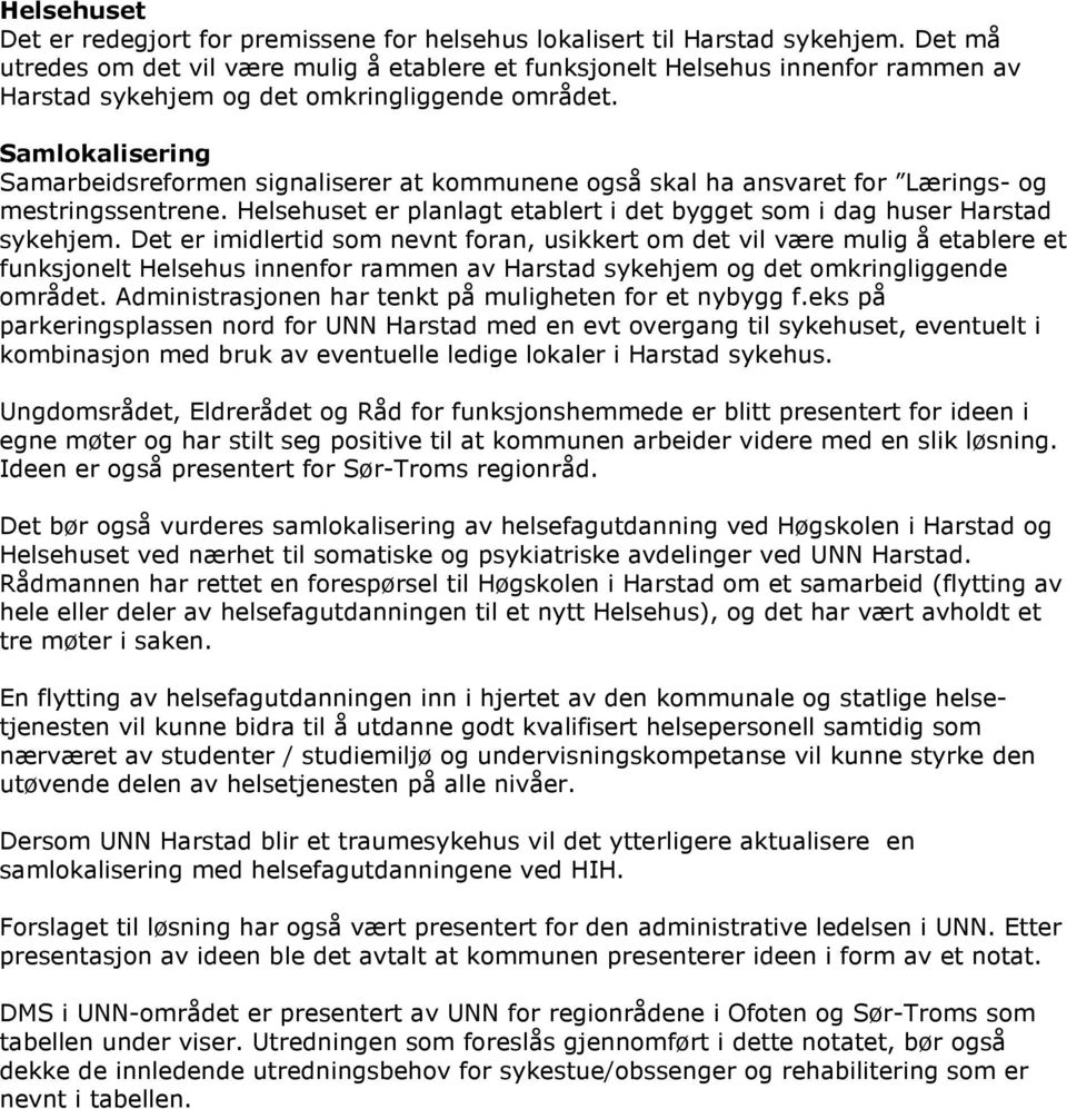 Samlokalisering Samarbeidsreformen signaliserer at kommunene også skal ha ansvaret for Lærings- og mestringssentrene. Helsehuset er planlagt etablert i det bygget som i dag huser Harstad sykehjem.