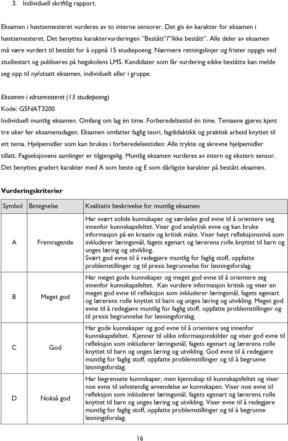 Kandidater som får vurdering «ikke bestått» kan melde seg opp til ny/utsatt eksamen, individuelt eller i gruppe. Eksamen i vårsemesteret (15 studiepoeng) Kode: G5NAT3200 Individuell muntlig eksamen.