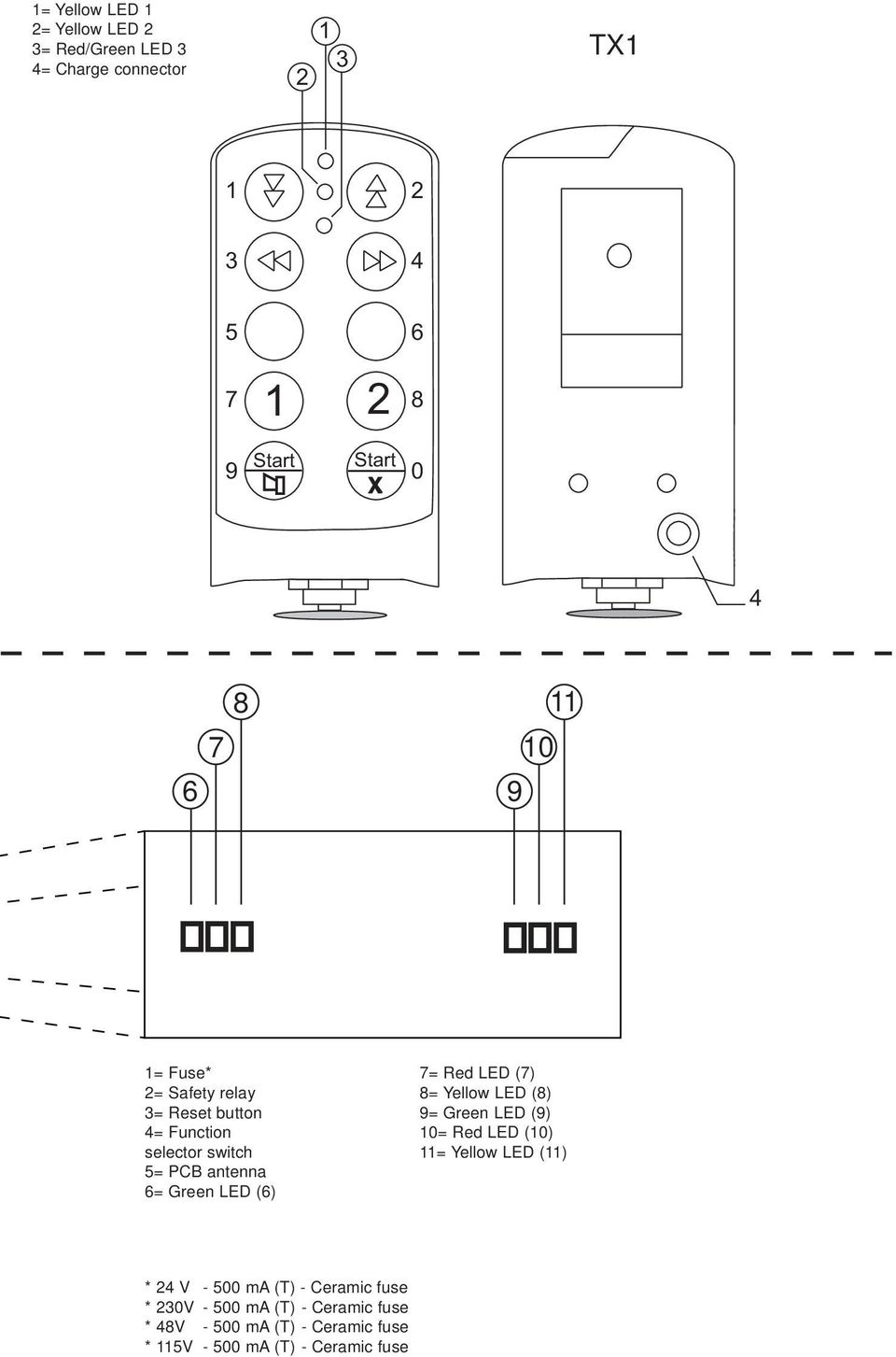 LED (6) 7= Red LED (7) 8= Yellow LED (8) 9= Green LED (9) 10= Red LED (10) 11= Yellow LED (11) * 24 V - 500 ma (T)