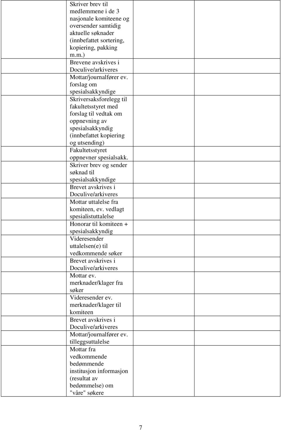 spesialsakk. Skriver brev og sender søknad til spesialsakkyndige Brevet avskrives i Doculive/arkiveres Mottar uttalelse fra komiteen, ev.