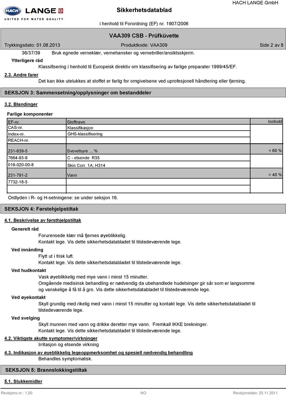 CAS-nr. Index-nr. REACH-nr. 231-63-5 7664-3- 016-020-00-8 231-71-2 7732-18-5 Stoffnavn Klassifikasjon GHS-klassifisering Svovelsyre... % C - etsende R35 Skin Corr.