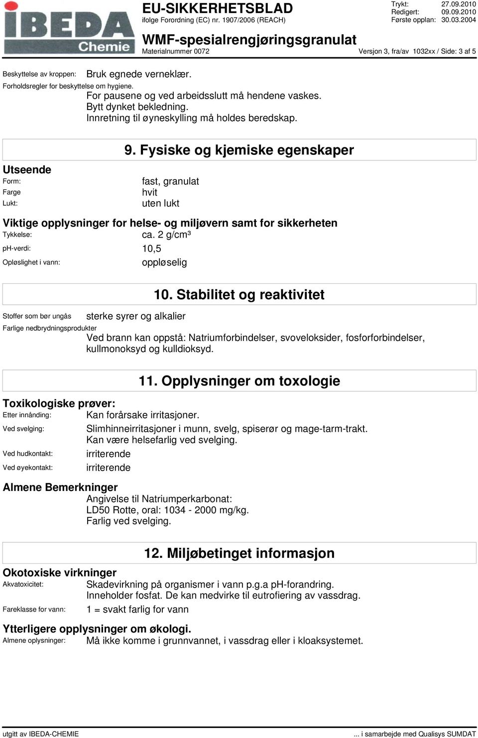 Fysiske og kjemiske egenskaper fast, granulat hvit uten lukt Viktige opplysninger for helse- og miljøvern samt for sikkerheten Tykkelse: ca. 2 g/cm³ ph-verdi: 10,5 Opløslighet i vann: oppløselig 10.