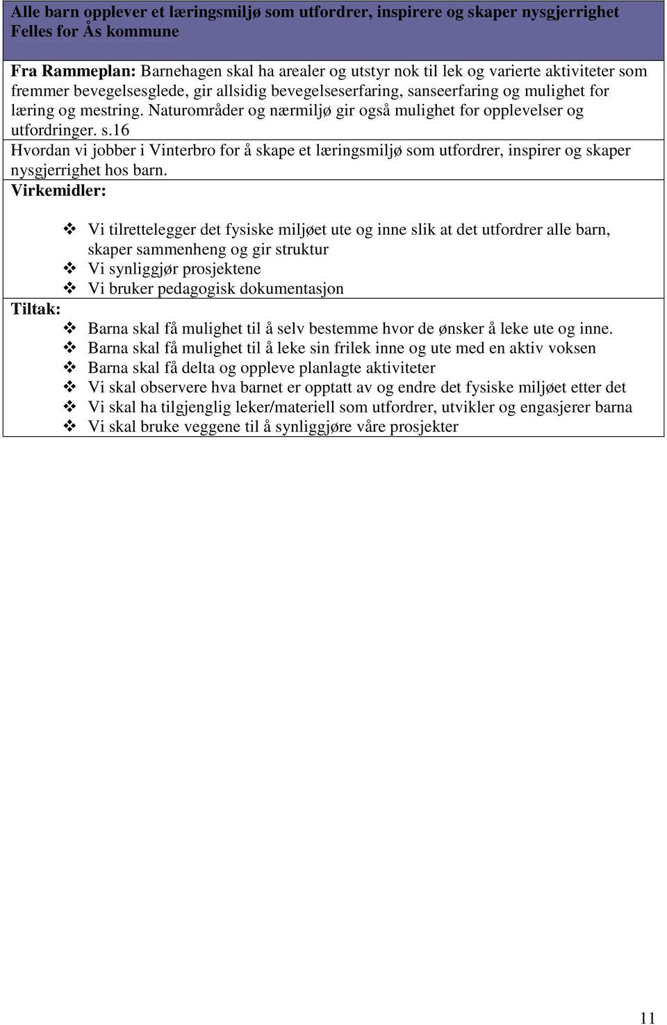 Virkemidler: Vi tilrettelegger det fysiske miljøet ute og inne slik at det utfordrer alle barn, skaper sammenheng og gir struktur Vi synliggjør prosjektene Vi bruker pedagogisk dokumentasjon Tiltak: