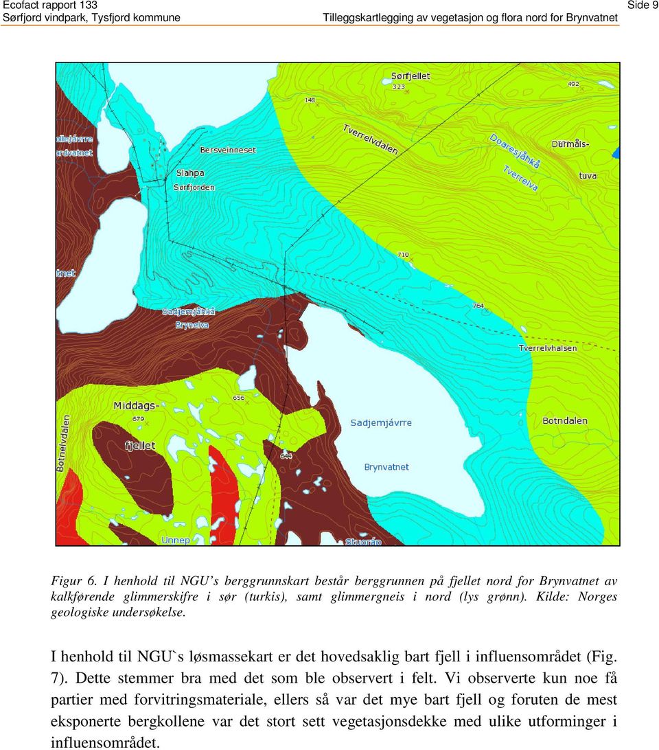 i nord (lys grønn). Kilde: Norges geologiske undersøkelse. I henhold til NGU`s løsmassekart er det hovedsaklig bart fjell i influensområdet (Fig. 7).