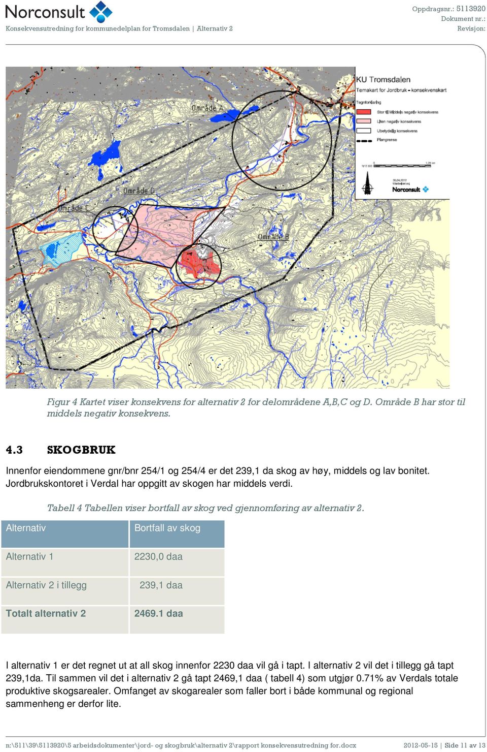 Alternativ Bortfall av skog Alternativ 1 2230,0 daa Alternativ 2 i tillegg 239,1 daa Totalt alternativ 2 2469.1 daa I alternativ 1 er det regnet ut at all skog innenfor 2230 daa vil gå i tapt.